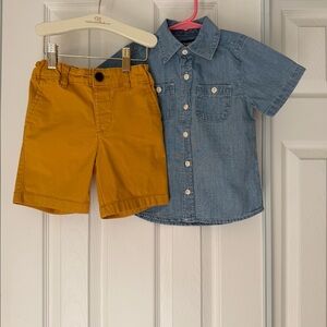 OshKosh B'gosh Blue 100% Cotton Shirt and Yellow Shorts Matching Set Size 3